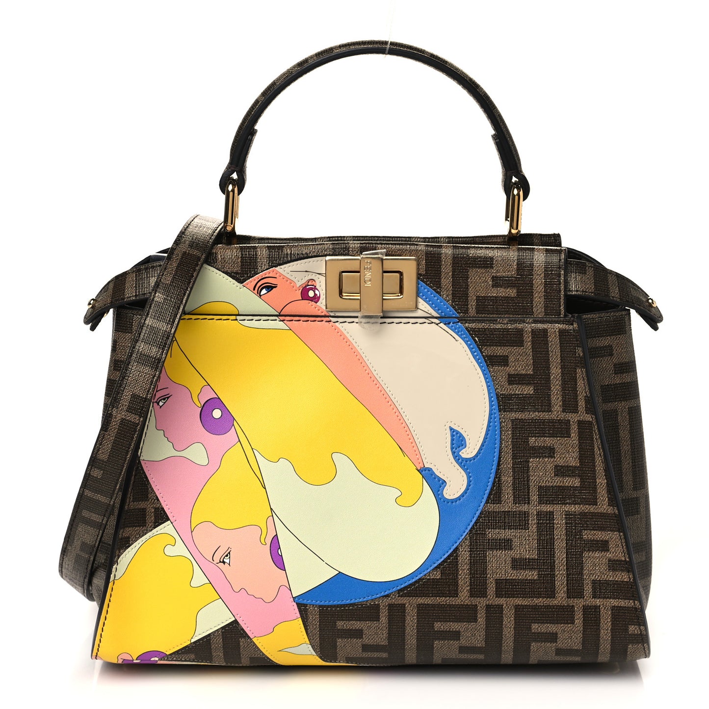 Glazed Fabric Vitello FF 1974 Hairdo Girls Inlay Mini Peekaboo Iconic Satchel Mogano Panna Multicolor