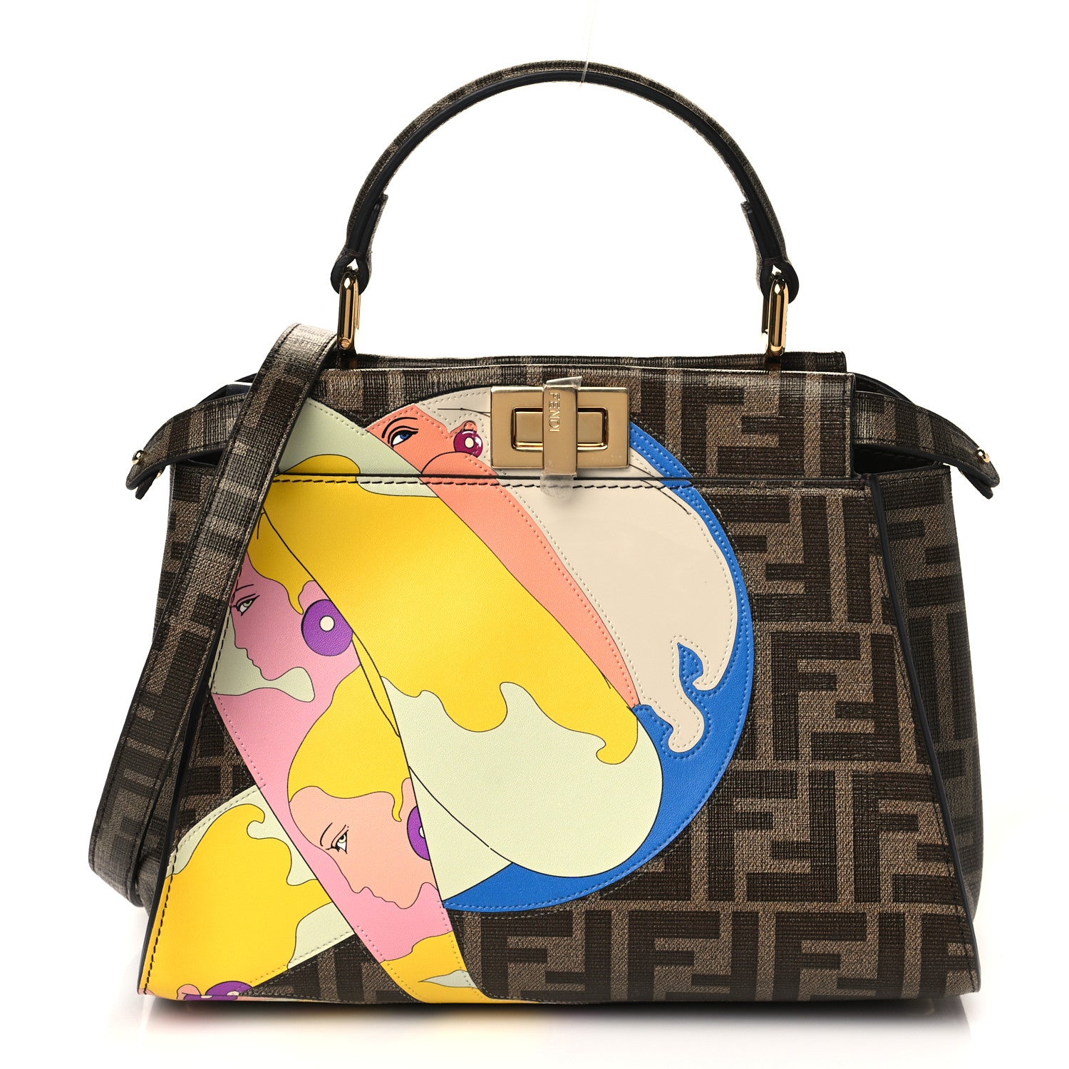 Fendi Glazed Fabric Vitello FF 1974 Hairdo Girls Inlay Mini Peekaboo Iconic Satchel Mogano Panna Multicolor 1 of 6