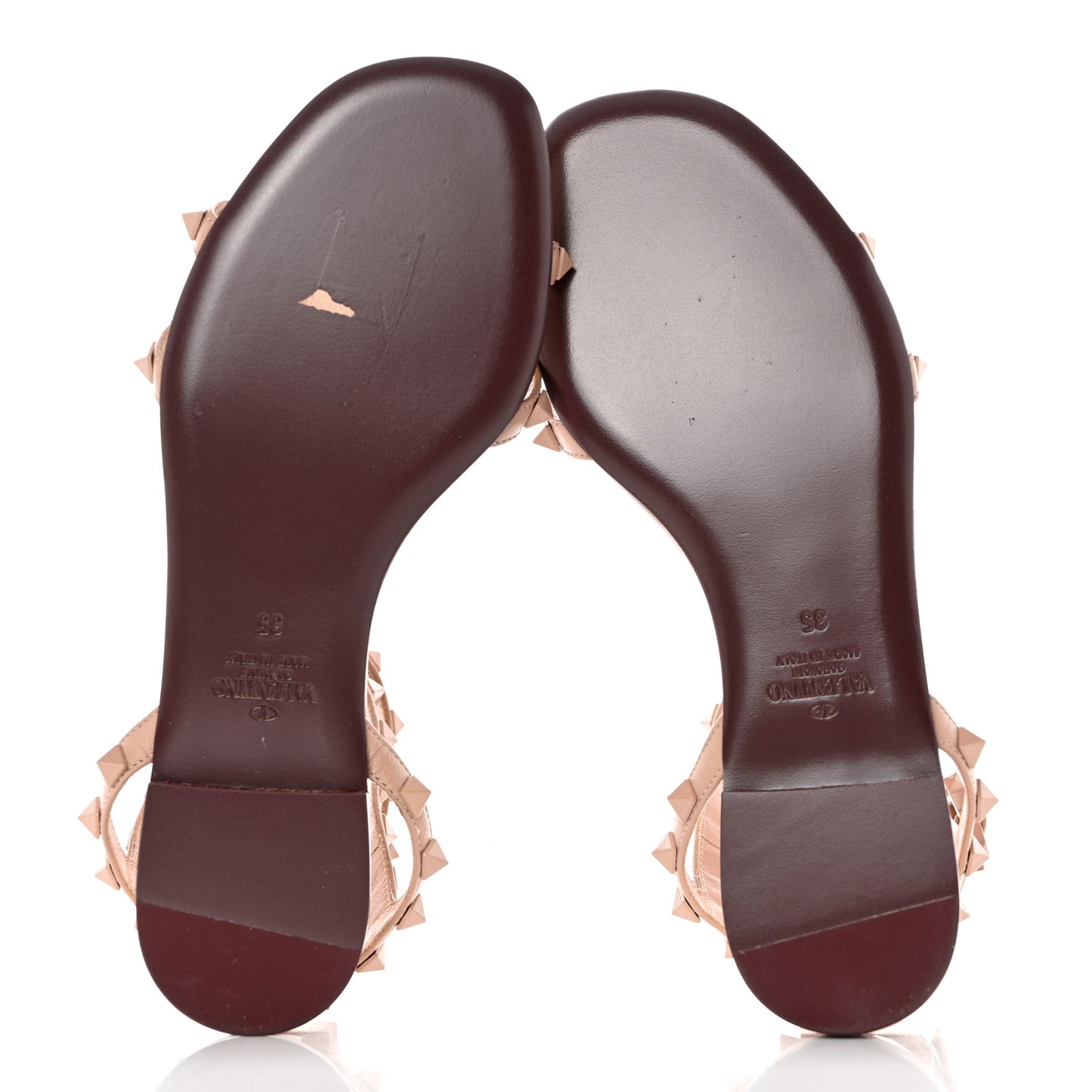 Calfskin Lacquered Monochrome Rockstud Cross Ankle Wrap Flat Sandals 35 Rose Cannelle