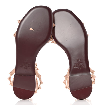 Valentino Garavani Calfskin Lacquered Monochrome Rockstud Cross Ankle Wrap Flat Sandals 35 Rose Cannelle 5 of 9