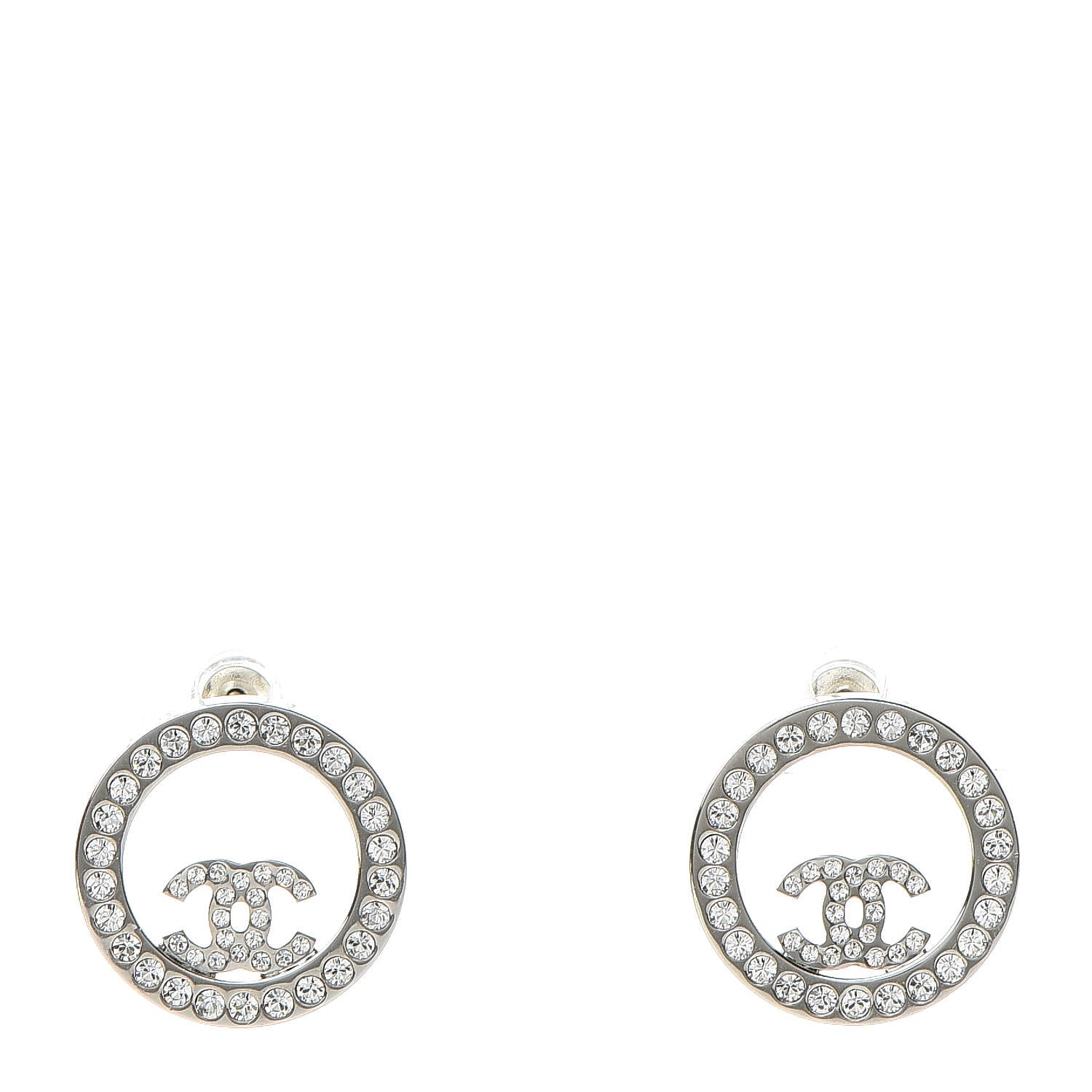 Chanel Crystal CC Round Earrings Silver 1 of 5