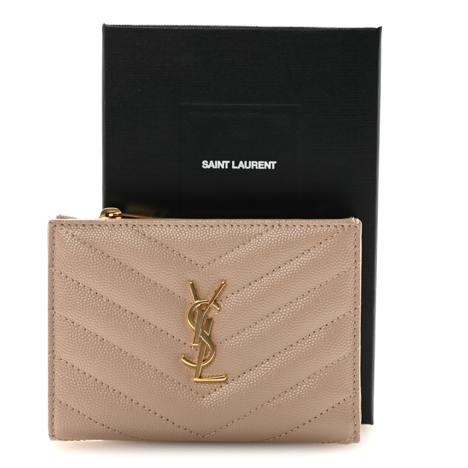 Saint Laurent Grain De Poudre Matelasse Chevron Monogram Zipped Card Case Dark Beige 7 of 7