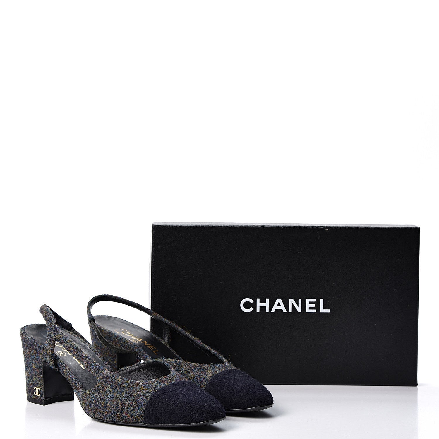 Chanel Wool Cap Toe CC Slingback Pumps 39.5 Black Dark Grey 10 of 10