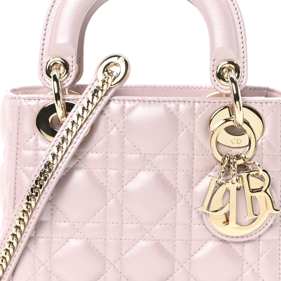 Christian Dior Metallic Lambskin Cannage Mini Lady Dior Lotus