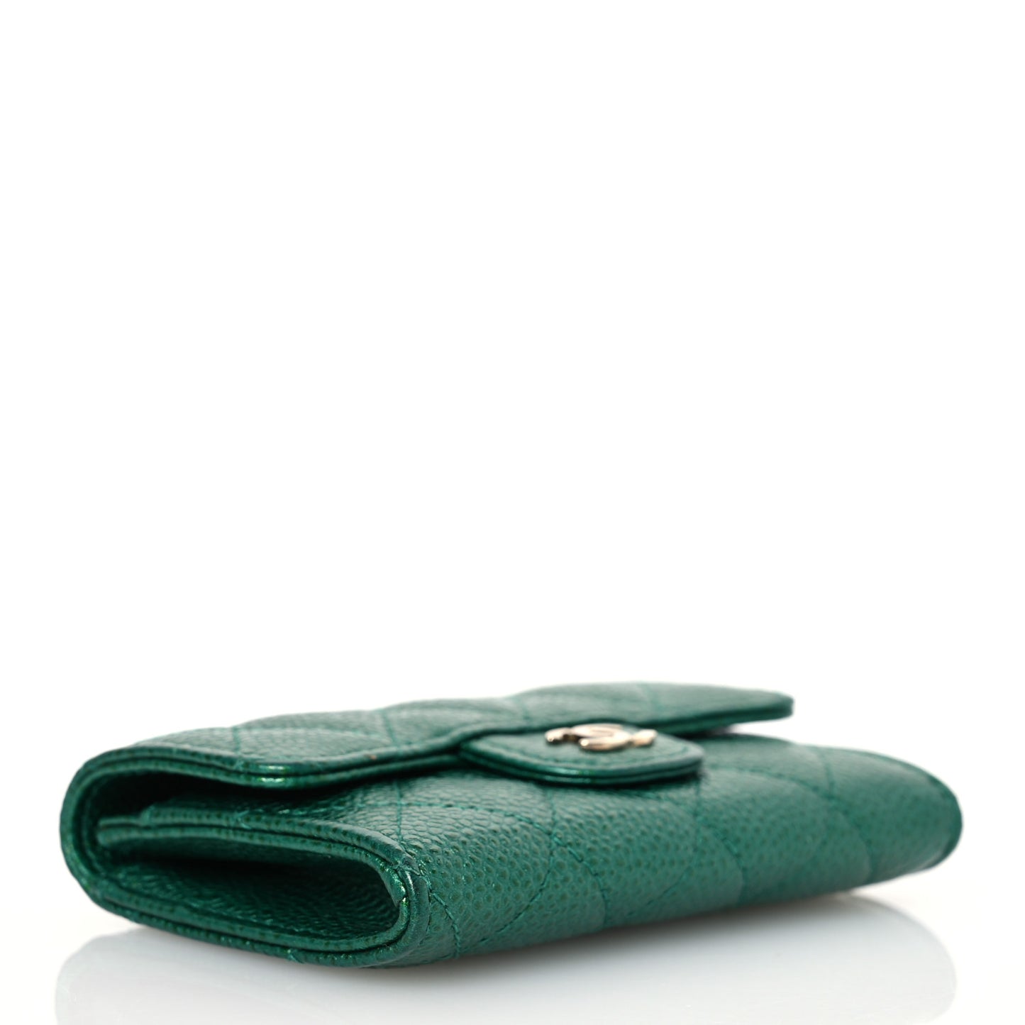 Metallic Caviar Quilted Flap Card Holder Wallet Green