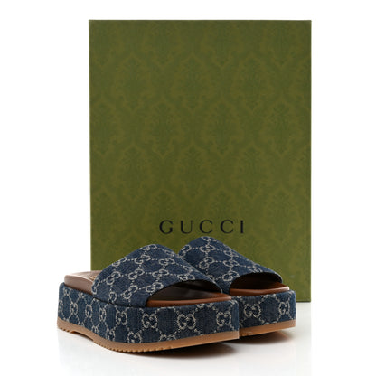 Gucci New Denim GG Monogram Angelina Platform 55mm Slide Sandals 37.5 Blue Tea 9 of 9