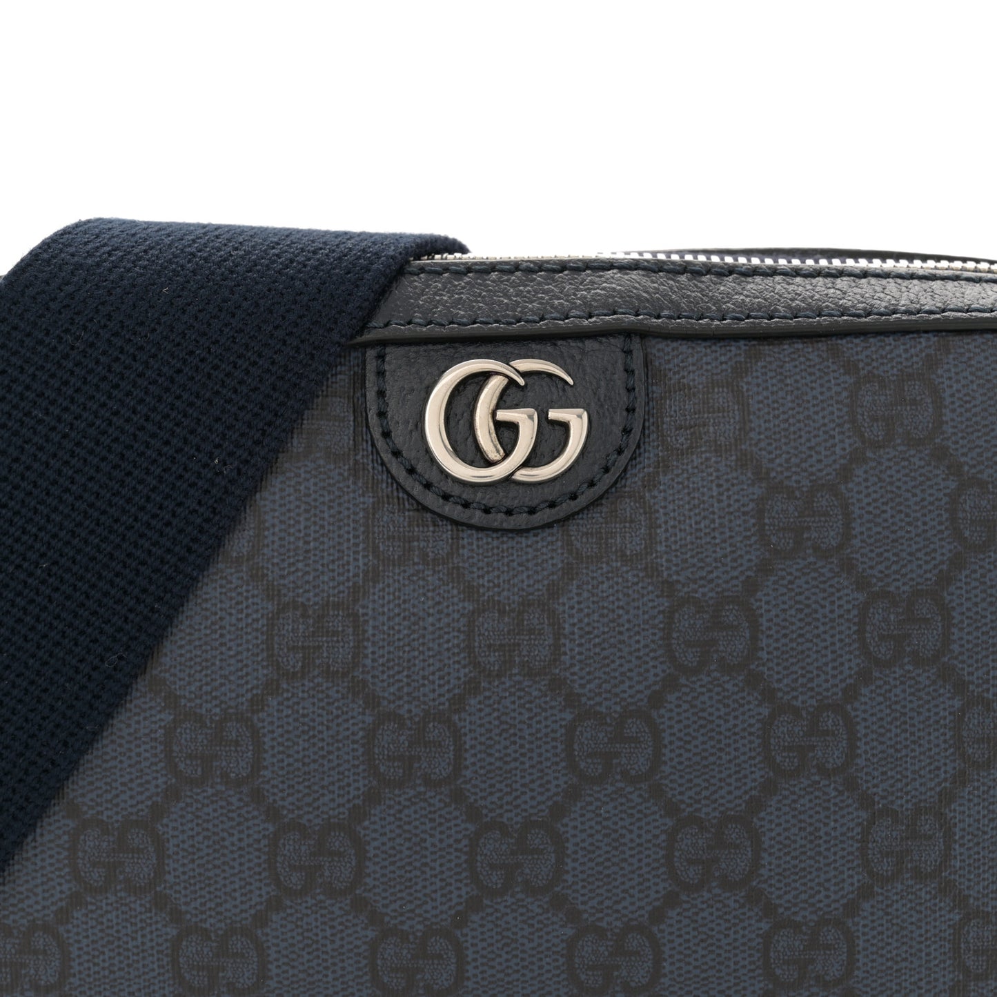 GG Supreme Monogram Textured Dollar Calfskin Web Ophidia Wristlet Shoulder Bag Blue Black Graphite Blue