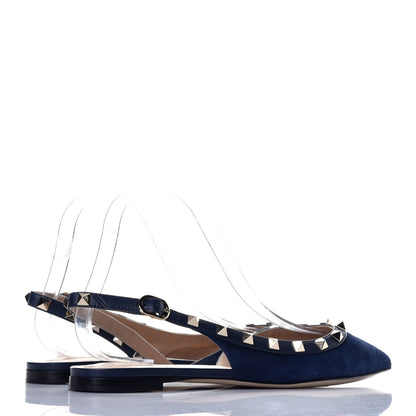 Valentino Garavani Suede Nappa Rockstud Slingback Flats 36.5 Marine 4 of 10
