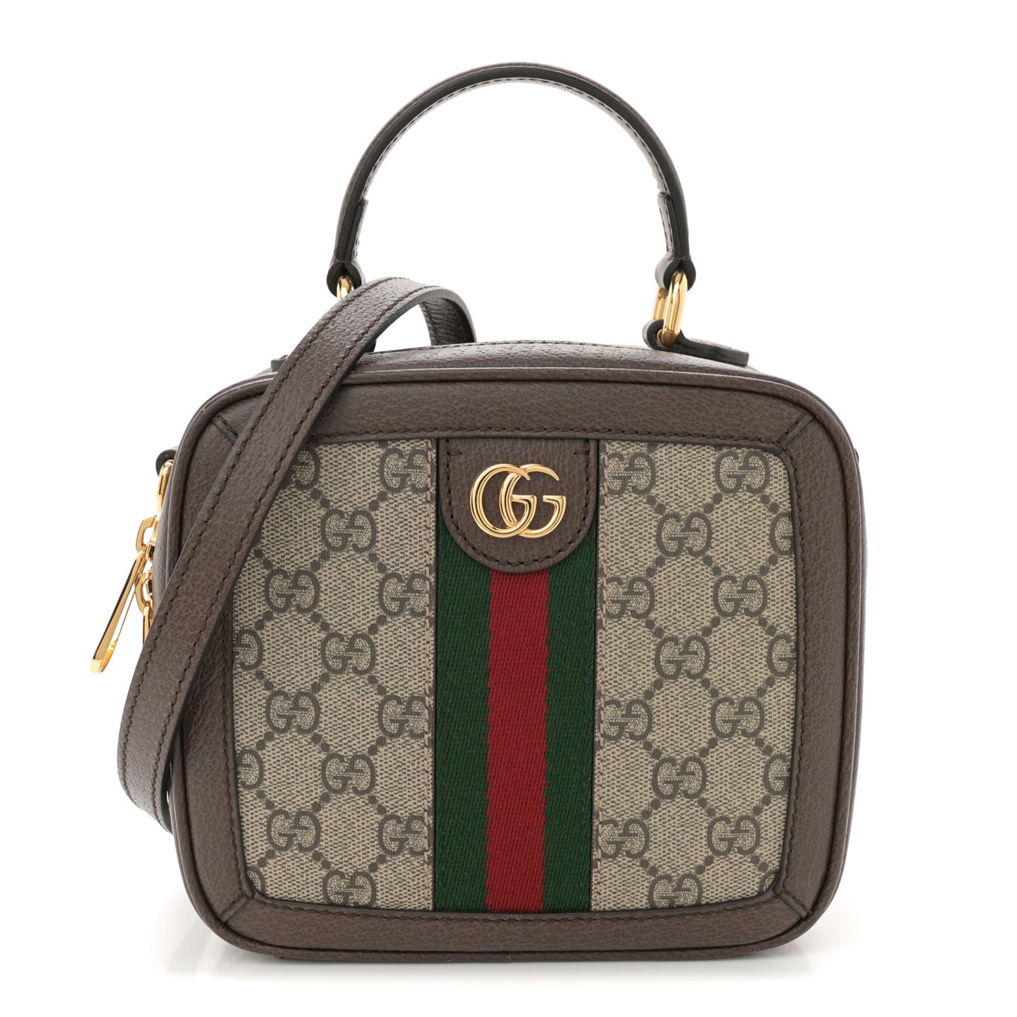 GG Supreme Monogram Textured Dollar Calfskin Mini Ophidia Top Handle Square Shoulder Bag Beige Ebony New Acero