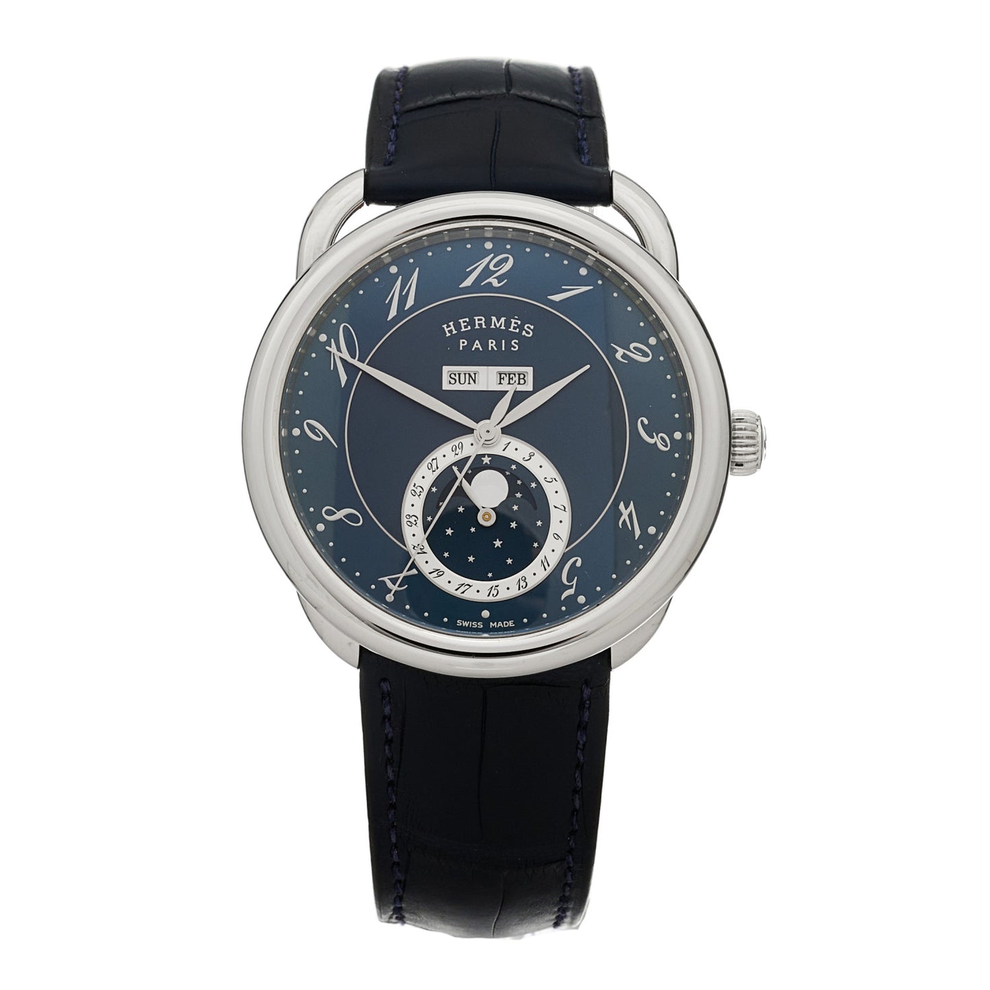 Stainless Steel Alligator 43mm Arceau Grande Lune Automatic Watch Bleu Abysse