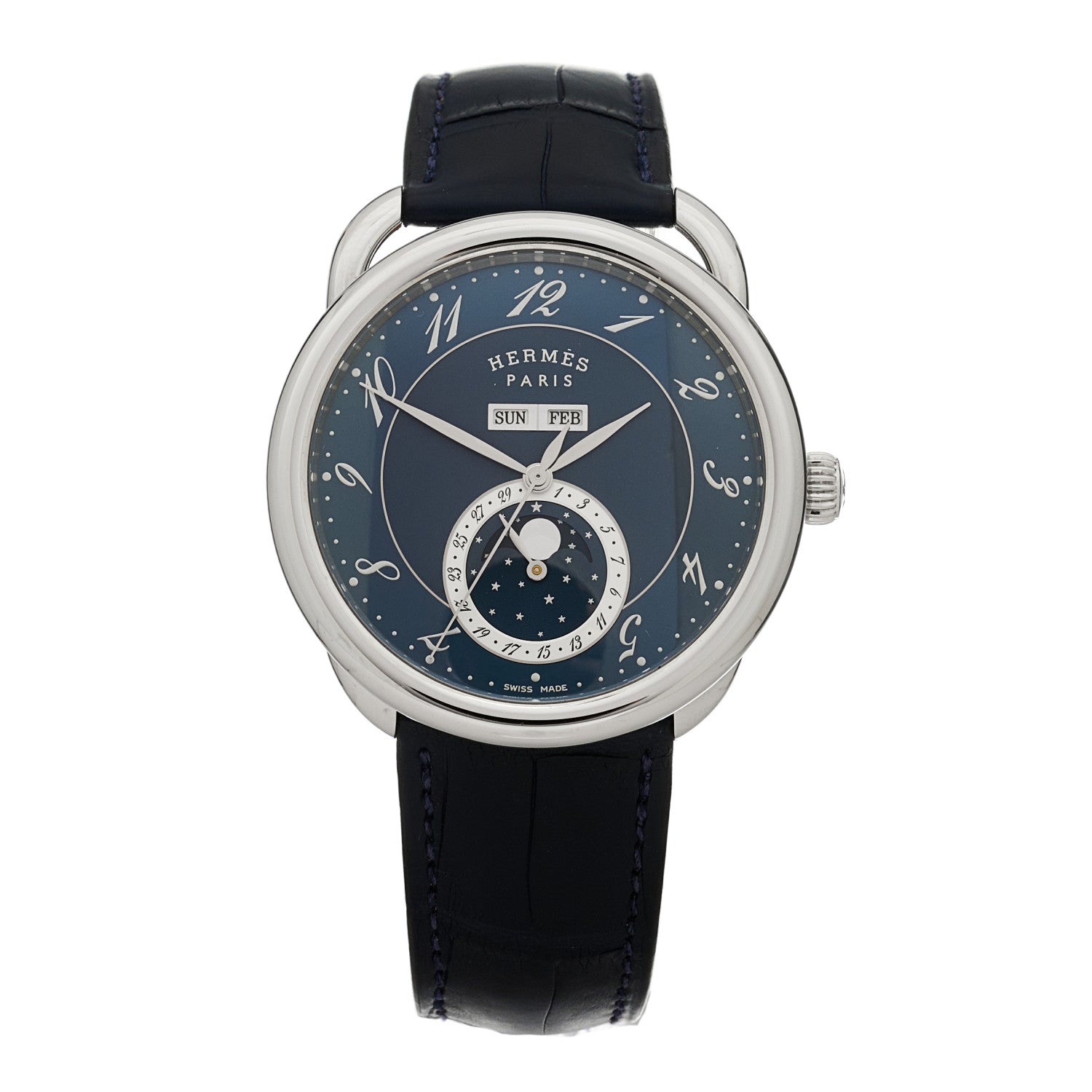 Hermes Stainless Steel Alligator 43mm Arceau Grande Lune Automatic Watch Bleu Abysse 1 of 5