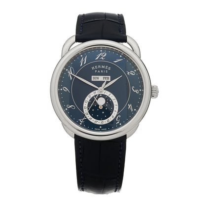 Hermes Stainless Steel Alligator 43mm Arceau Grande Lune Automatic Watch Bleu Abysse 1 of 5