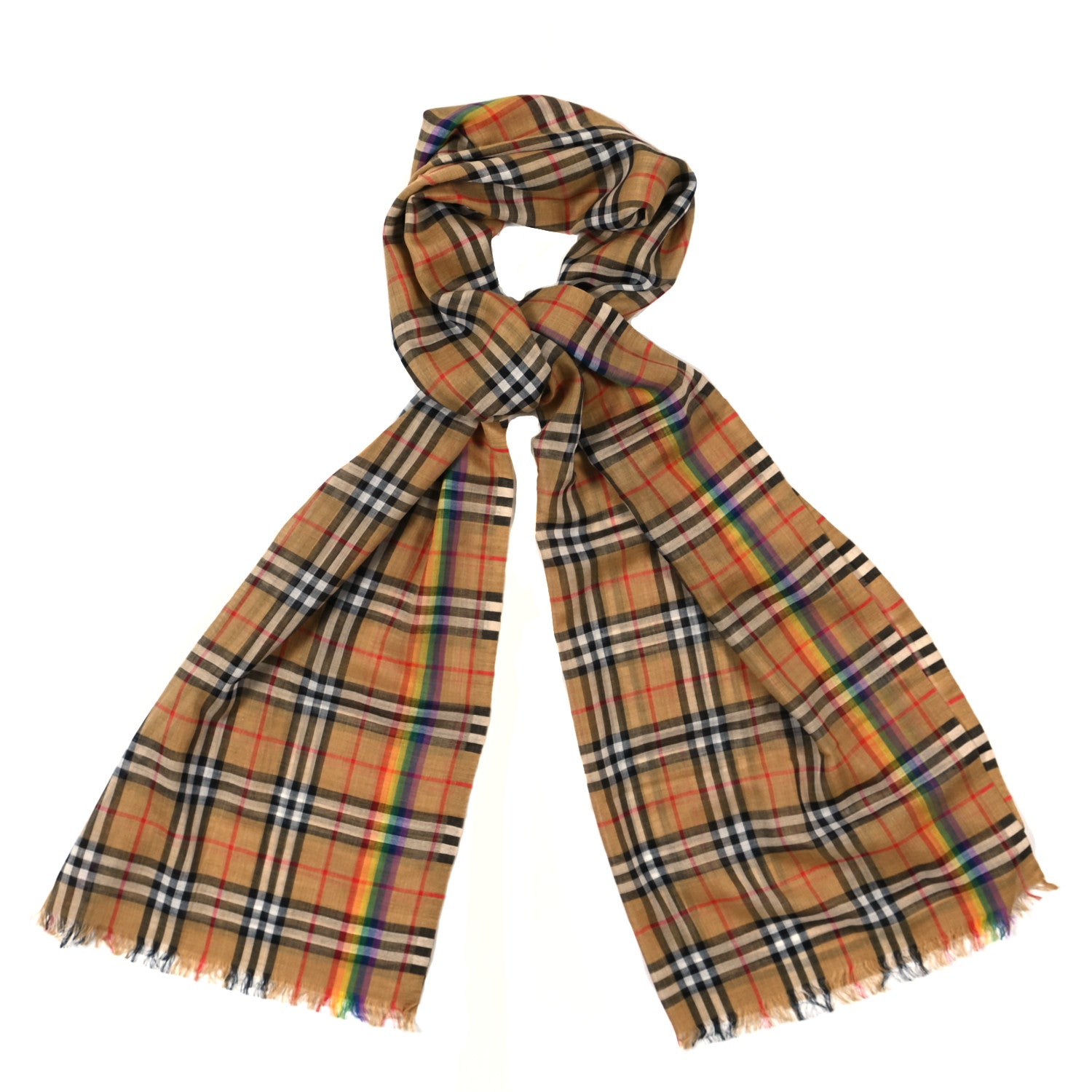 Burberry Wool Silk Vintage Rainbow Check Fringe Scarf Antique Yellow 1 of 3