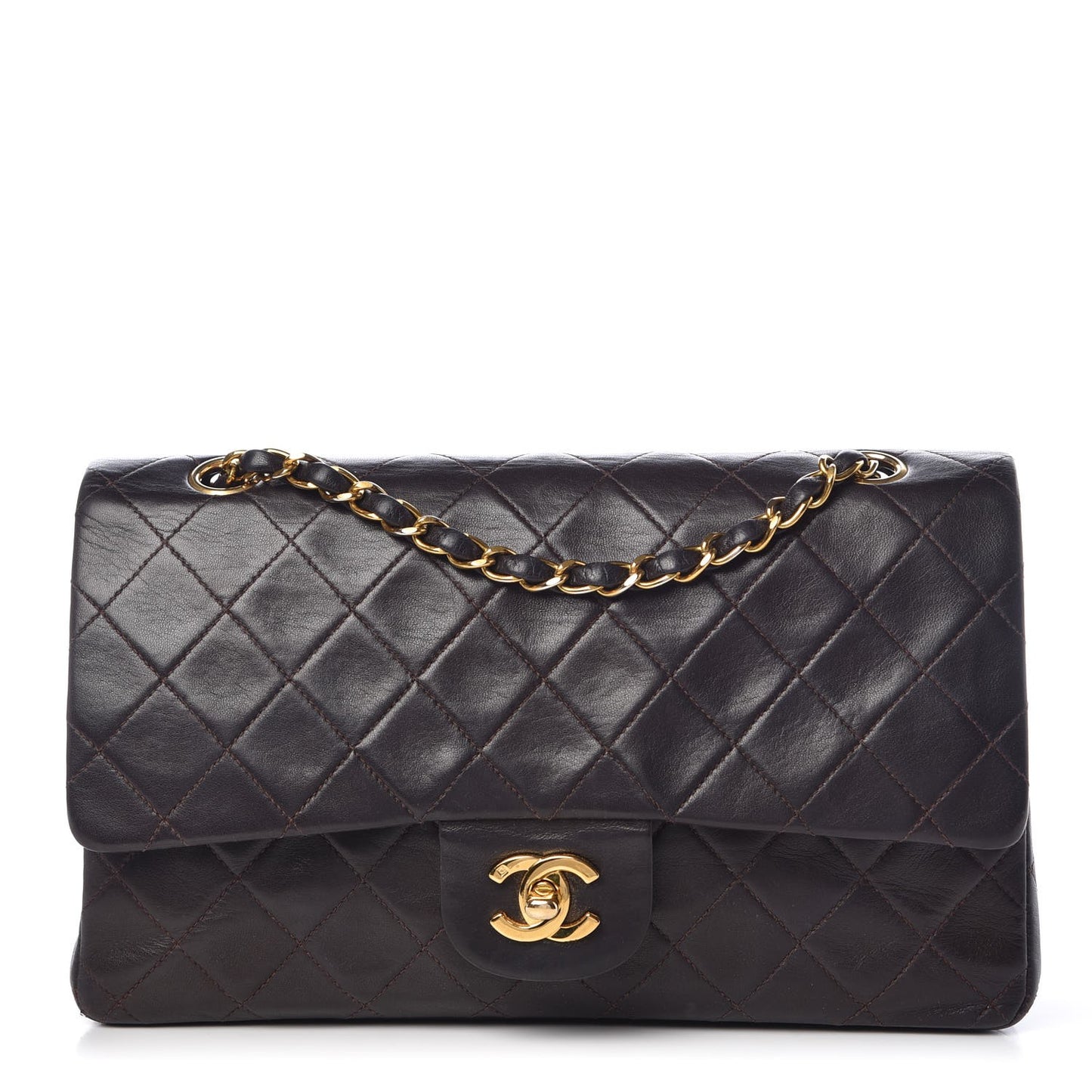 Lambskin Quilted Medium Double Flap Brown