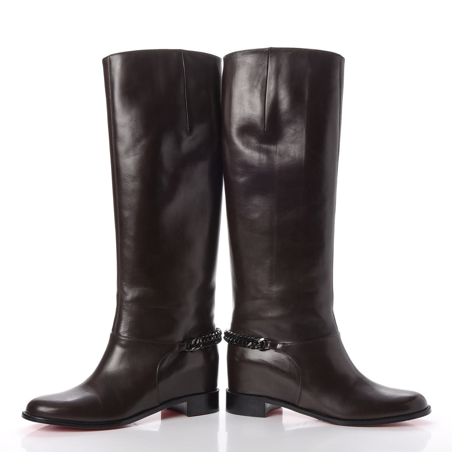Calfskin Cate Chain Flat Tall Boots 39.5 Brown