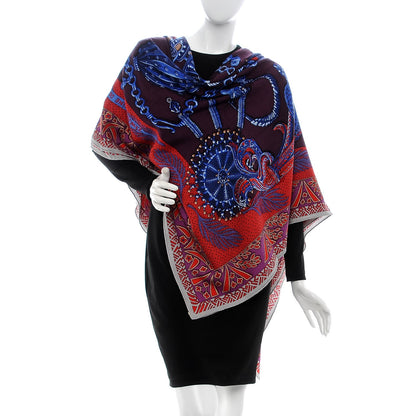 Hermes Cashmere Silk Zenobie Reine De Palmyre Shawl 140 Aubergine Bleu Dur Rouge 2 of 10