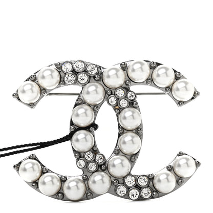 Chanel Pearl Crystal CC Brooch Silver 1 of 4
