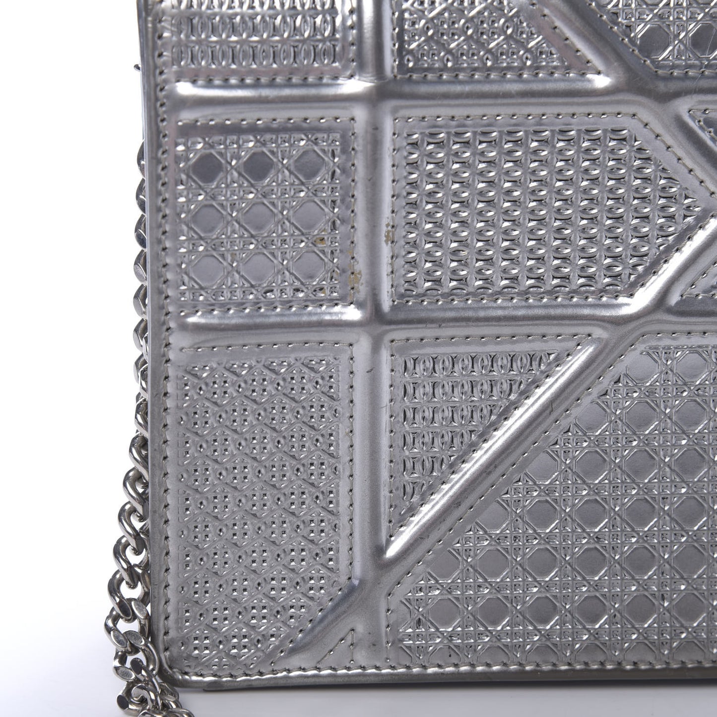 Metallic Patent Micro-Cannage Diorama Wallet on Chain Pouch Silver