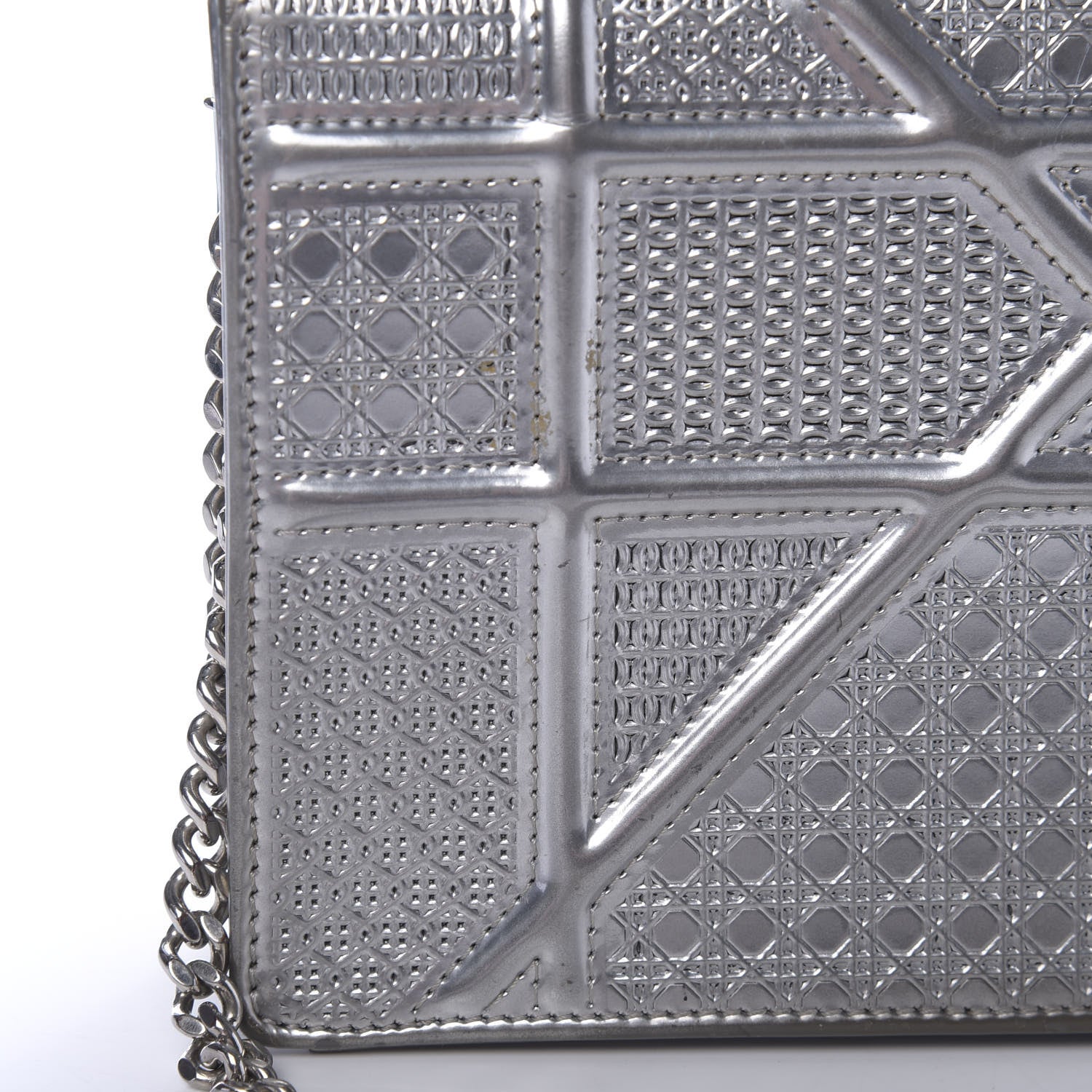 Christian Dior Metallic Patent Micro-Cannage Diorama Wallet on Chain Pouch Silver 13 of 16