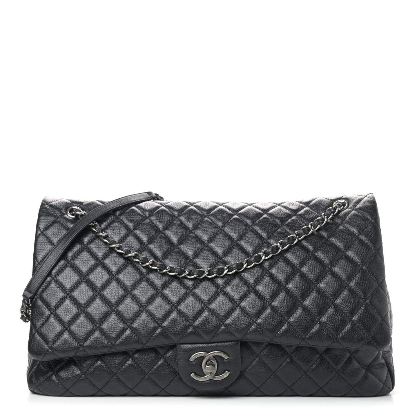 Calfskin Quilted XXL Travel Flap Bag Black