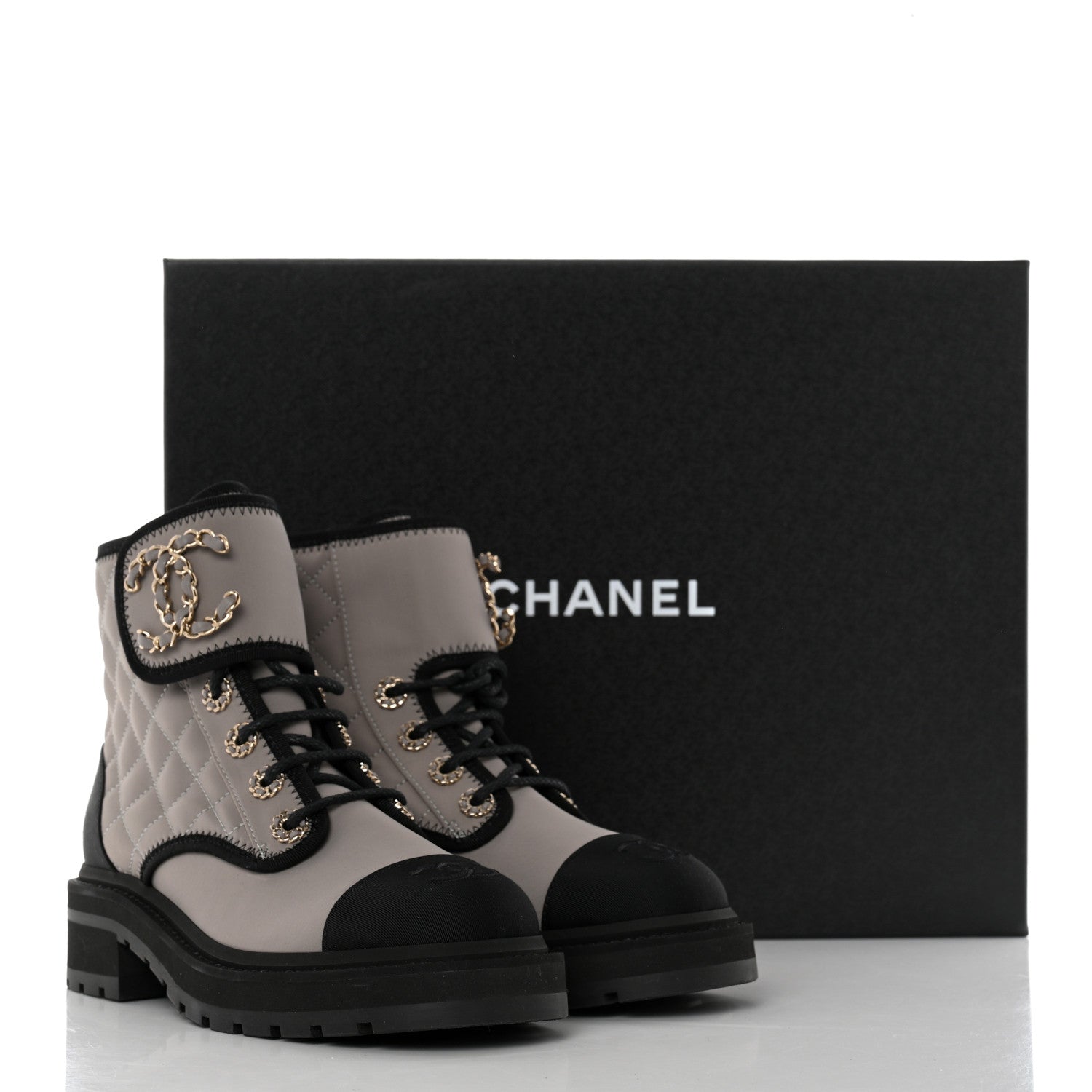 Chanel Fabric Grosgrain Quilted Cap Toe Lace Up Combat Boots 35.5 Gray 9 of 9