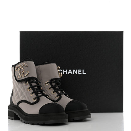 Chanel Fabric Grosgrain Quilted Cap Toe Lace Up Combat Boots 35.5 Gray 9 of 9