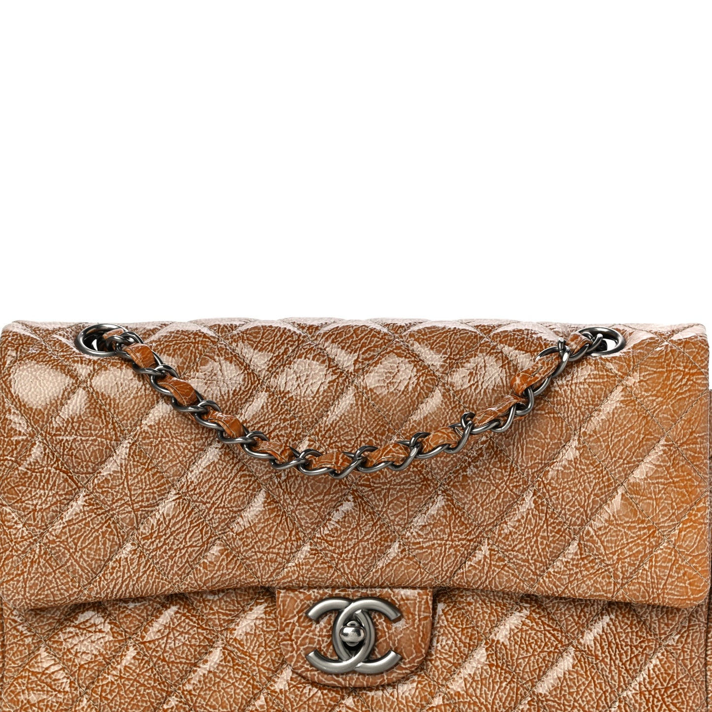 Crinkled Patent Quilted Medium Double Flap Brown