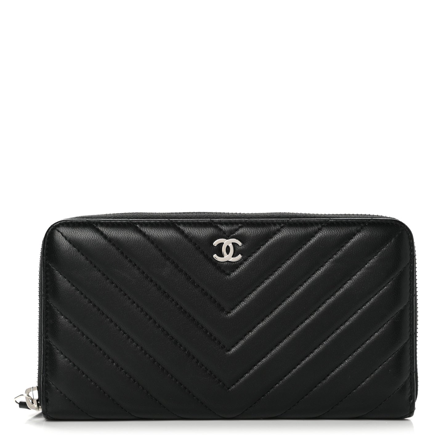 Lambskin Chevron Quilted Zip Around Wallet Black