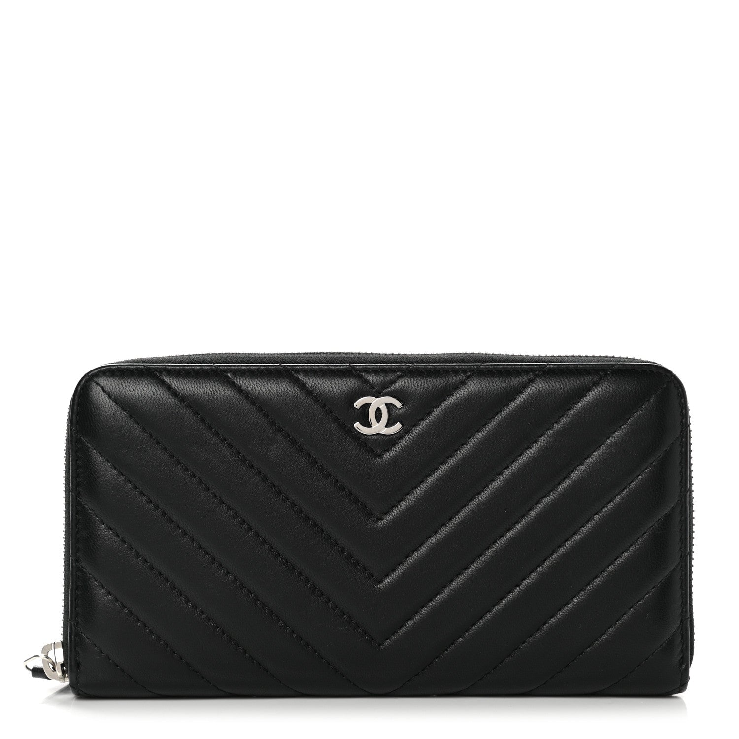 Chanel Lambskin Chevron Quilted Zip Around Wallet Black 1 of 9