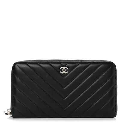 Chanel Lambskin Chevron Quilted Zip Around Wallet Black 1 of 9