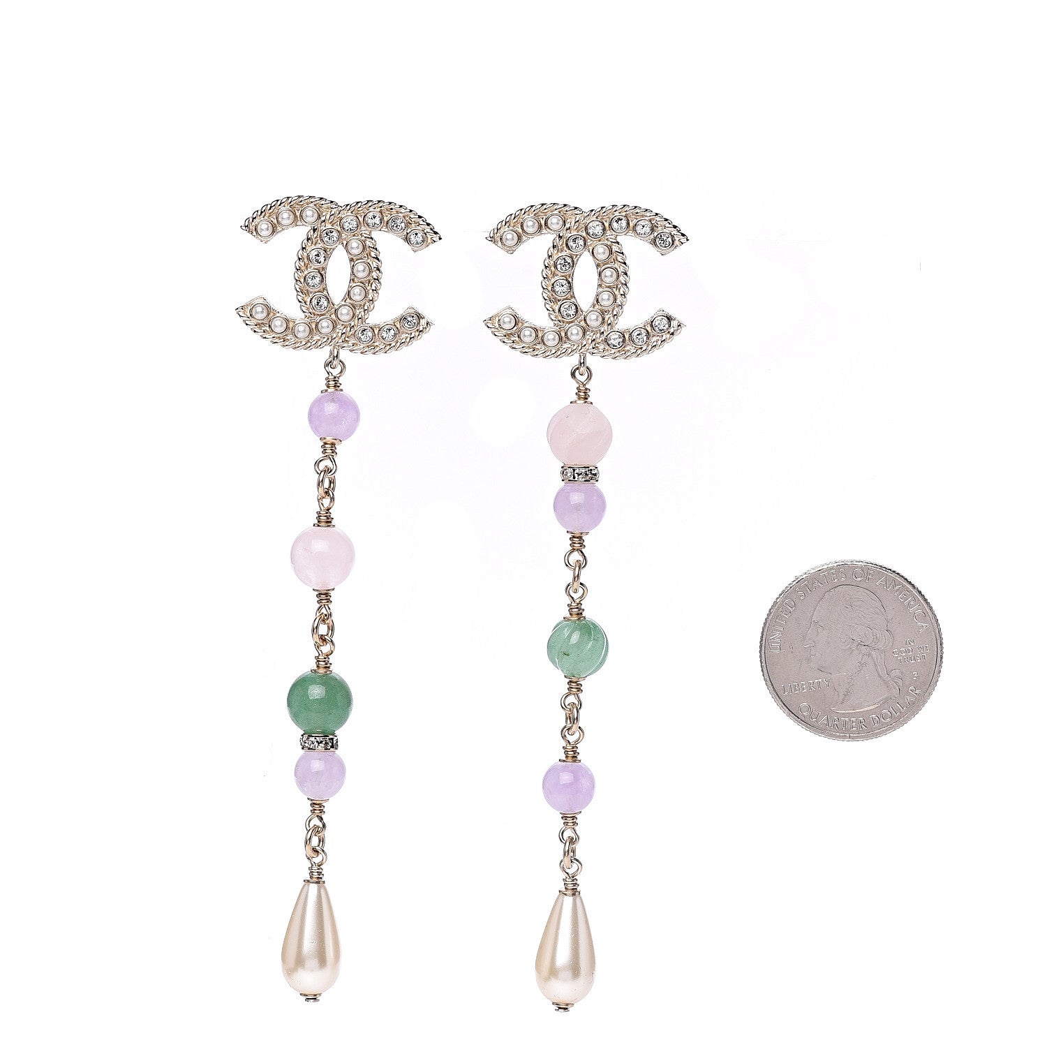 Chanel Crystal Pearl Beaded CC Long Drop Earrings Gold Multicolor 2 of 5