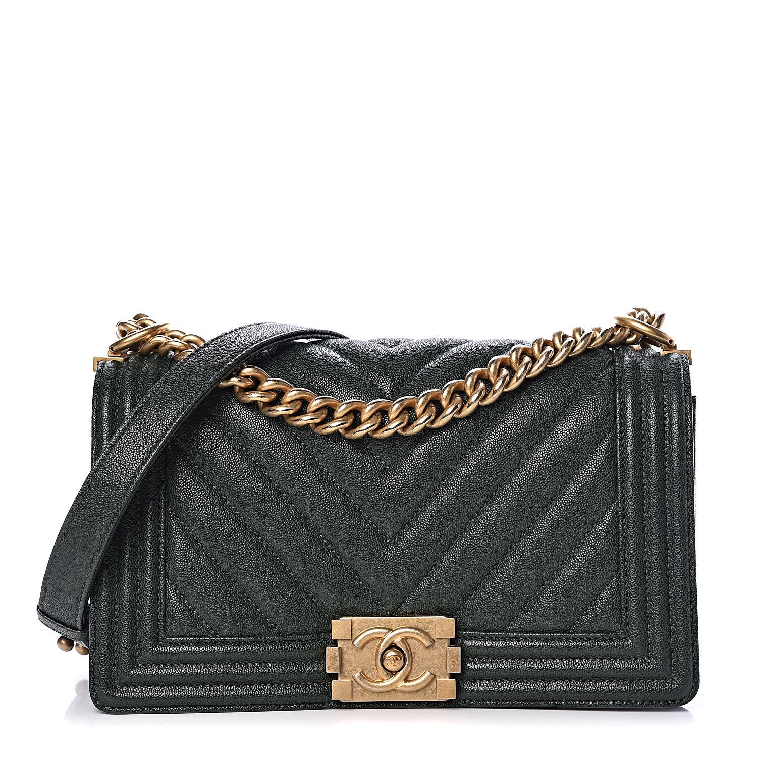 Chanel Caviar Chevron Quilted Medium Boy Flap Dark Green 1 of 10