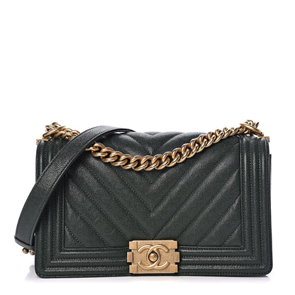 Chanel Caviar Chevron Quilted Medium Boy Flap Dark Green 1 of 10