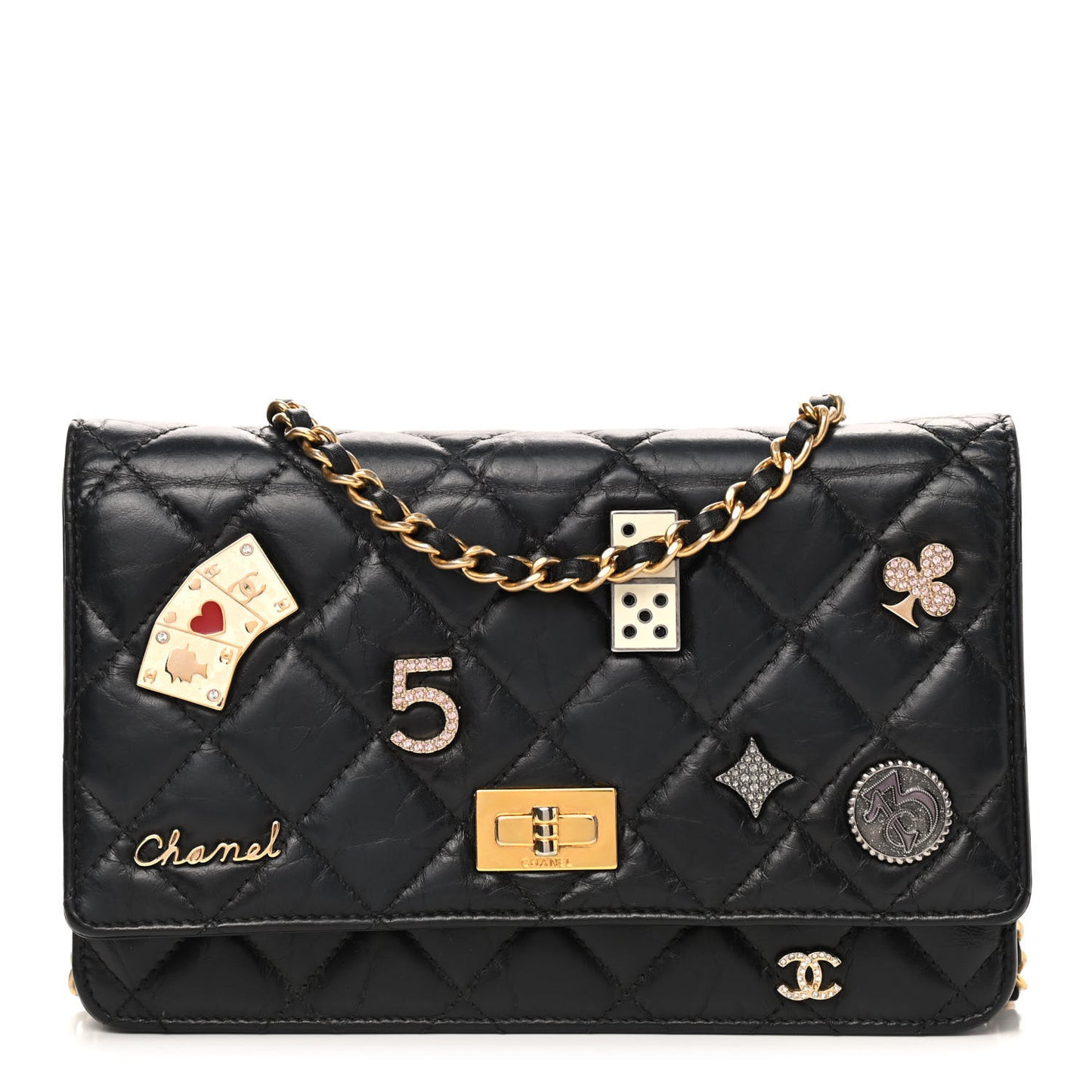 Aged Calfskin Quilted Lucky Charms Casino 2.55 Reissue Wallet On Chain WOC Black