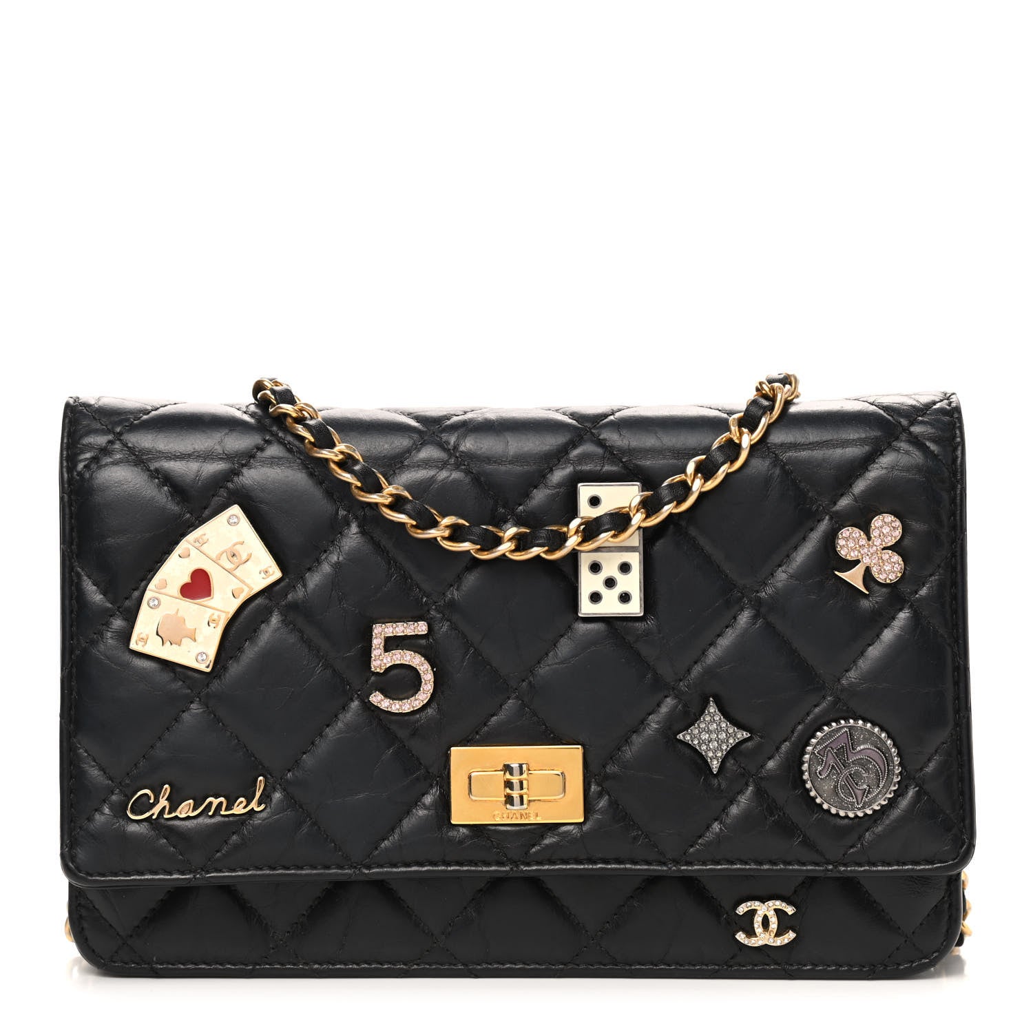 Chanel Aged Calfskin Quilted Lucky Charms Casino 2.55 Reissue Wallet On Chain WOC Black 1 of 11