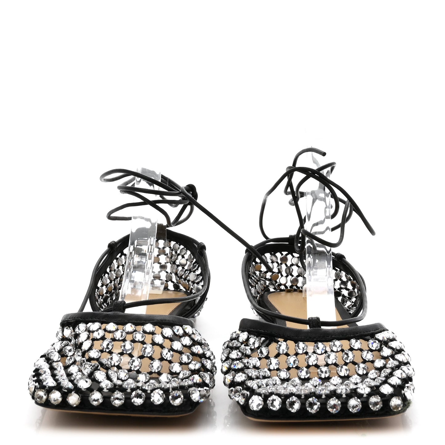 Mesh Nappa Crystal Embellished Sparkle Stretch Ankle Tie Flats 38 Black
