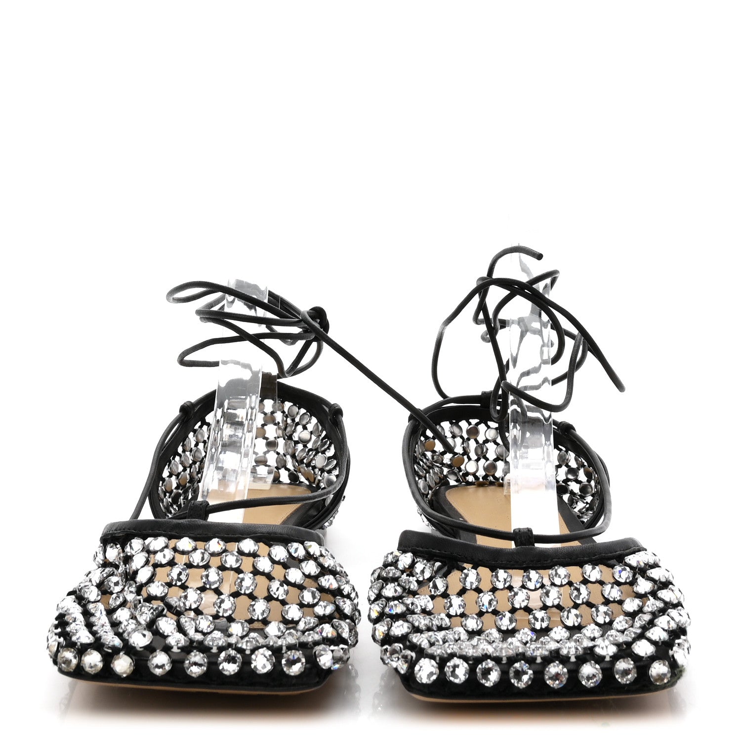 Bottega Veneta Mesh Nappa Crystal Embellished Sparkle Stretch Ankle Tie Flats 38 Black 3 of 8
