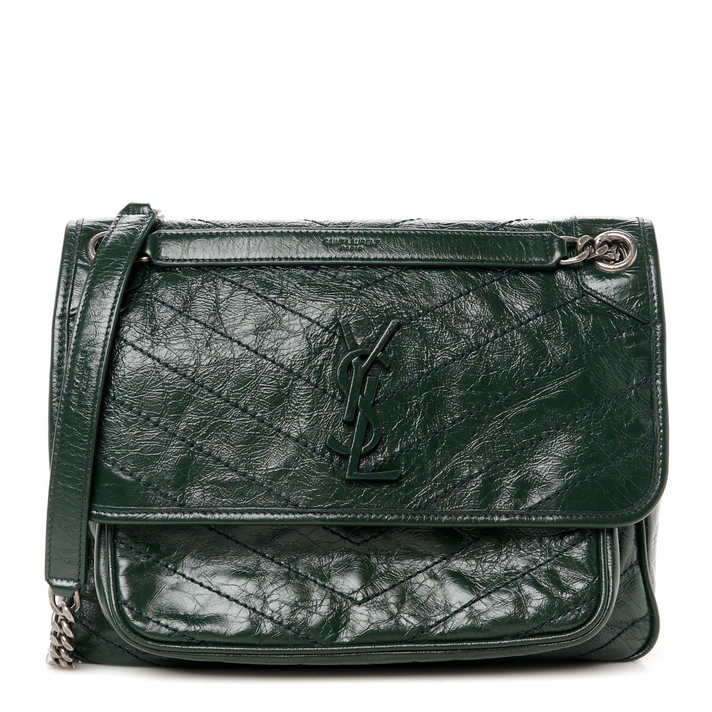 Crinkled Lambskin Matelasse Monogram Medium Niki Chain Satchel Dark Green