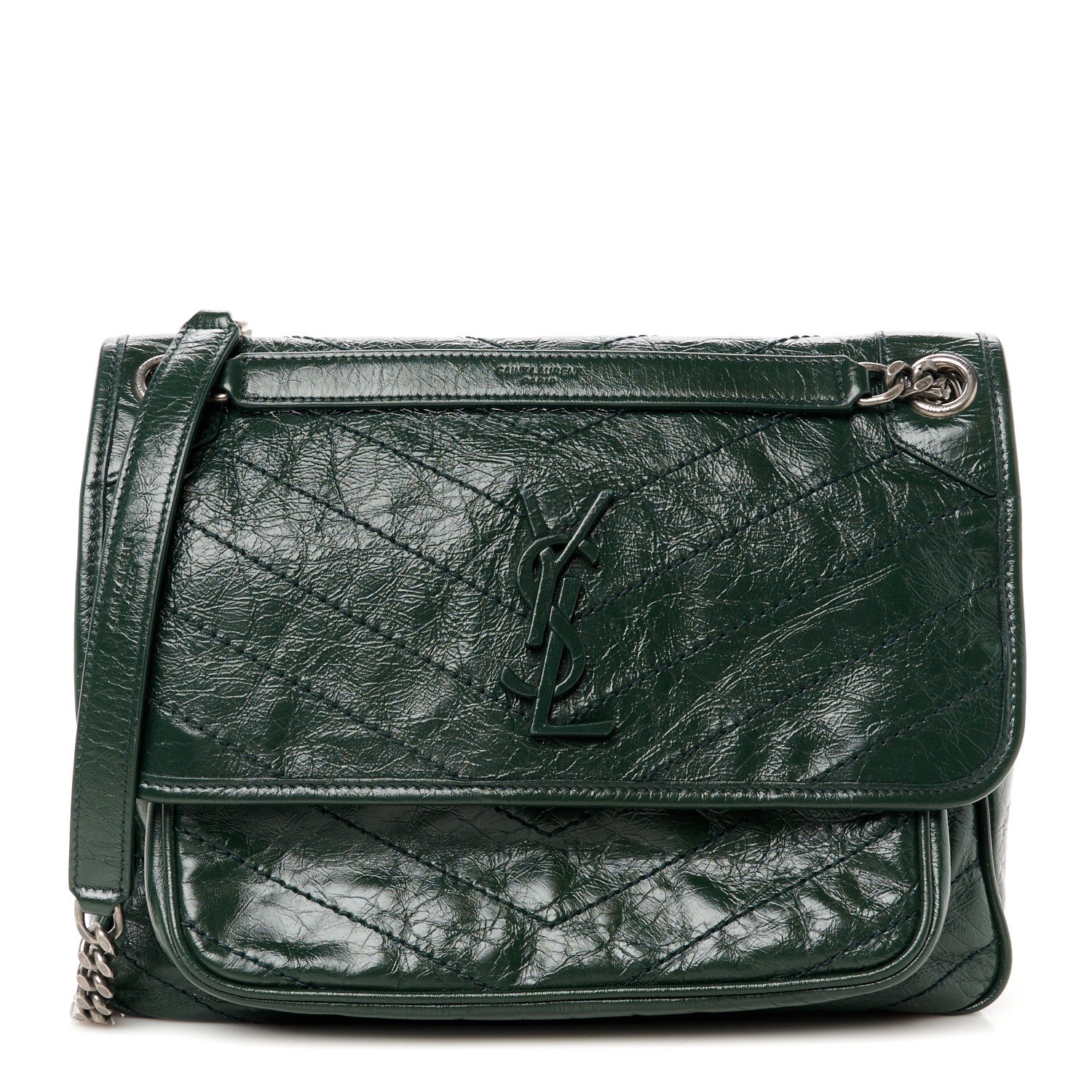 Saint Laurent Crinkled Lambskin Matelasse Monogram Medium Niki Chain Satchel Dark Green 1 of 10