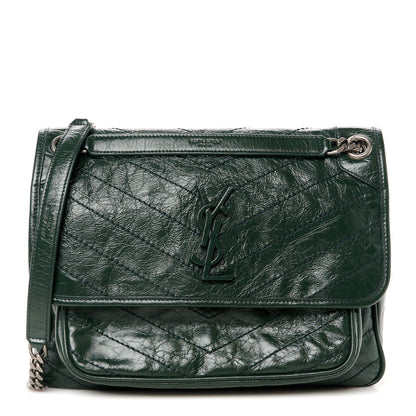Saint Laurent Crinkled Lambskin Matelasse Monogram Medium Niki Chain Satchel Dark Green 1 of 10