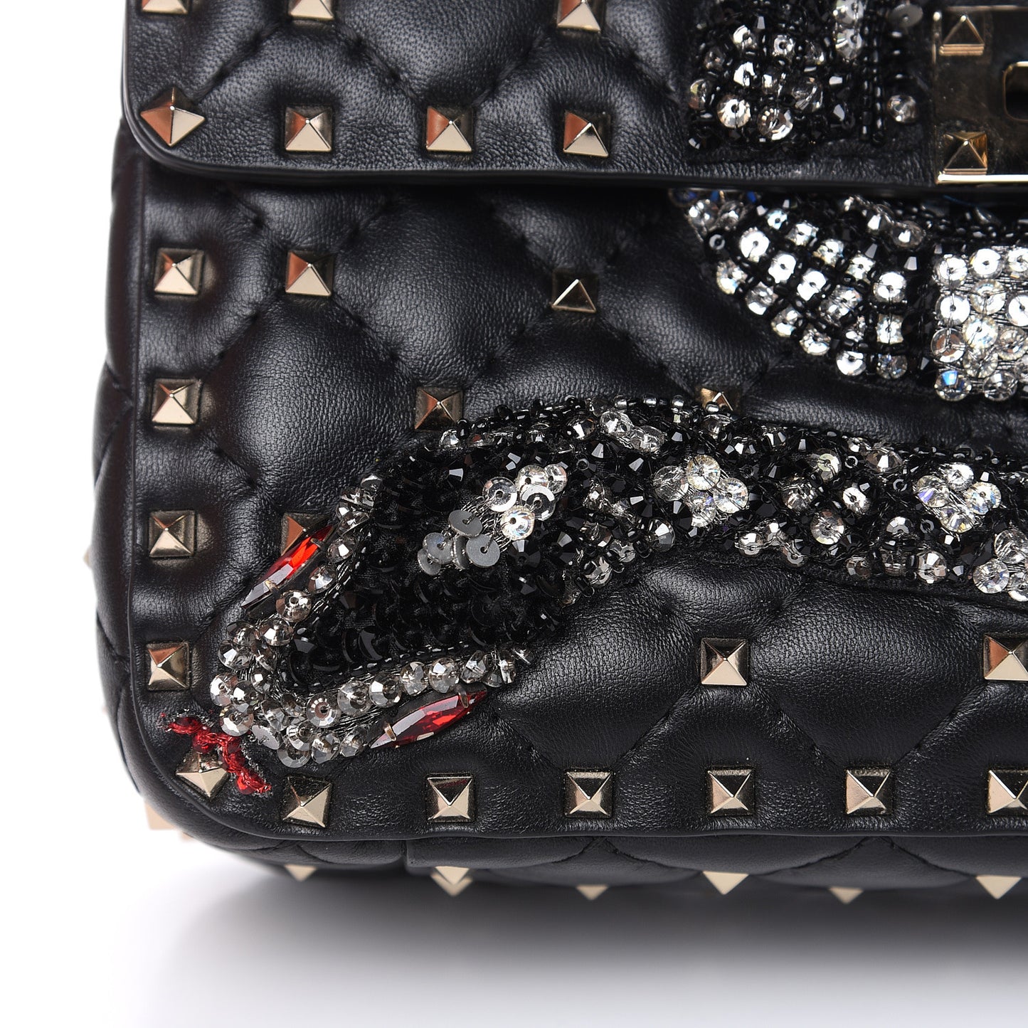 Lambskin Sequin Snake Medium Rockstud Spike Shoulder Bag Black