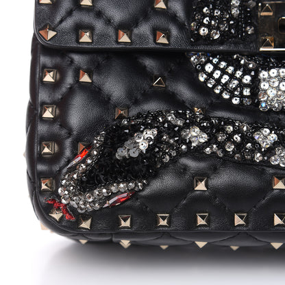 Valentino Garavani Lambskin Sequin Snake Medium Rockstud Spike Shoulder Bag Black 10 of 14