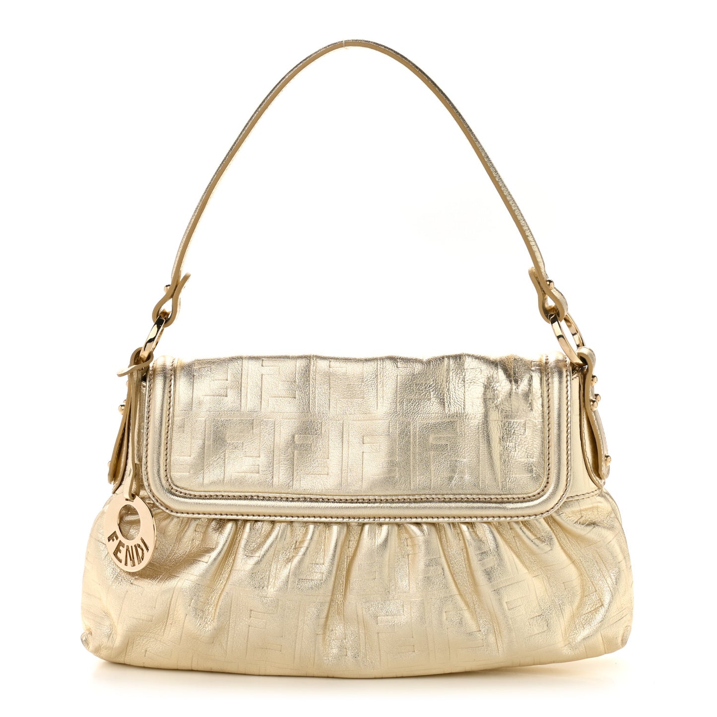 Metallic Calfskin FF Embossed Small Chef Shoulder Bag Gold