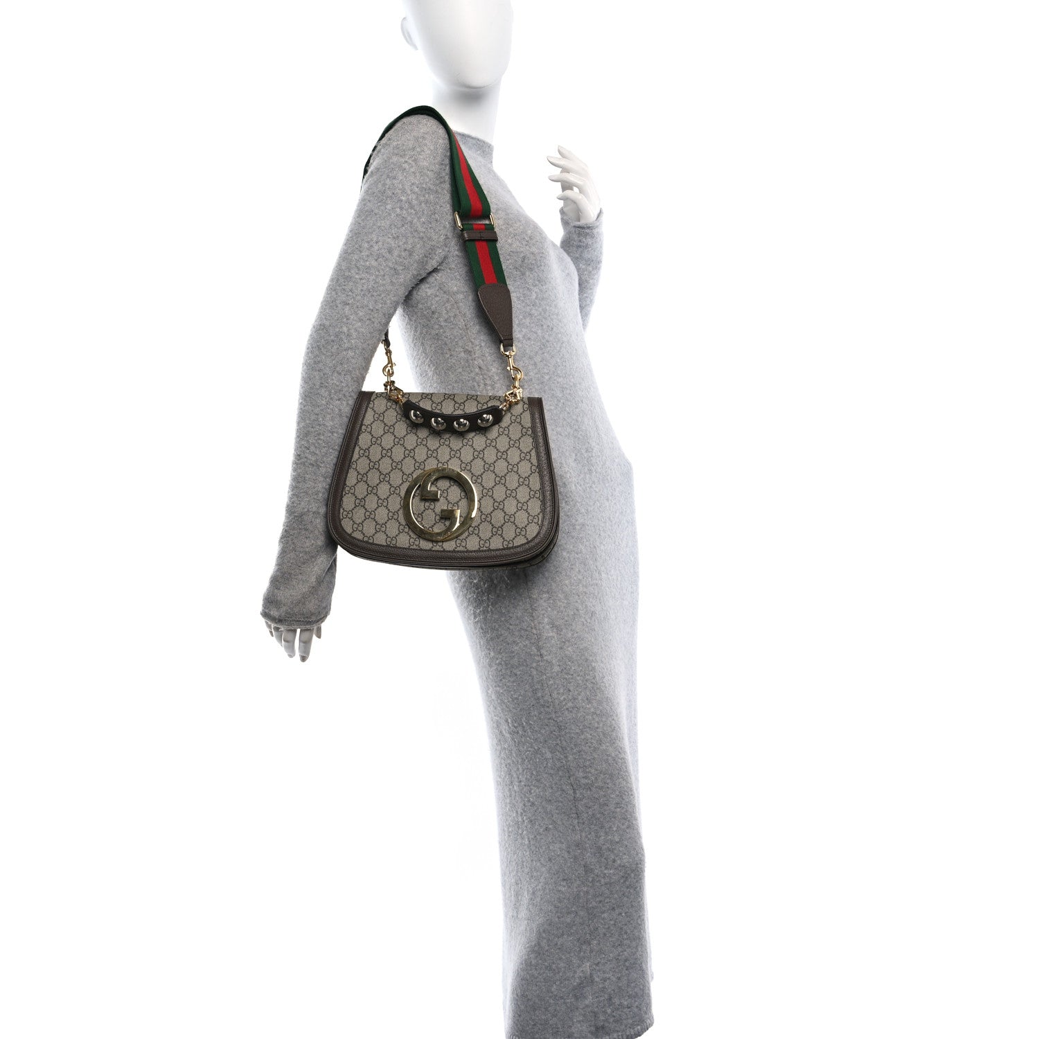 Gucci GG Supreme Monogram Textured Dollar Calfskin Web Medium Blondie Top Handle Shoulder Flap Bag Beige Ebony New Acero 2 of 10