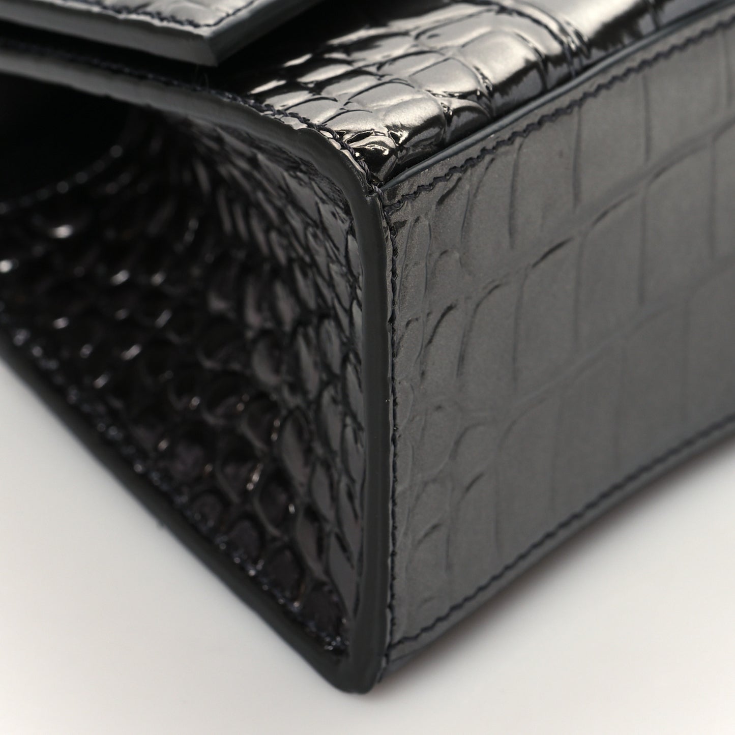 Shiny Calfskin Crocodile Embossed Hourglass Top Handle Bag XS Gunmetal