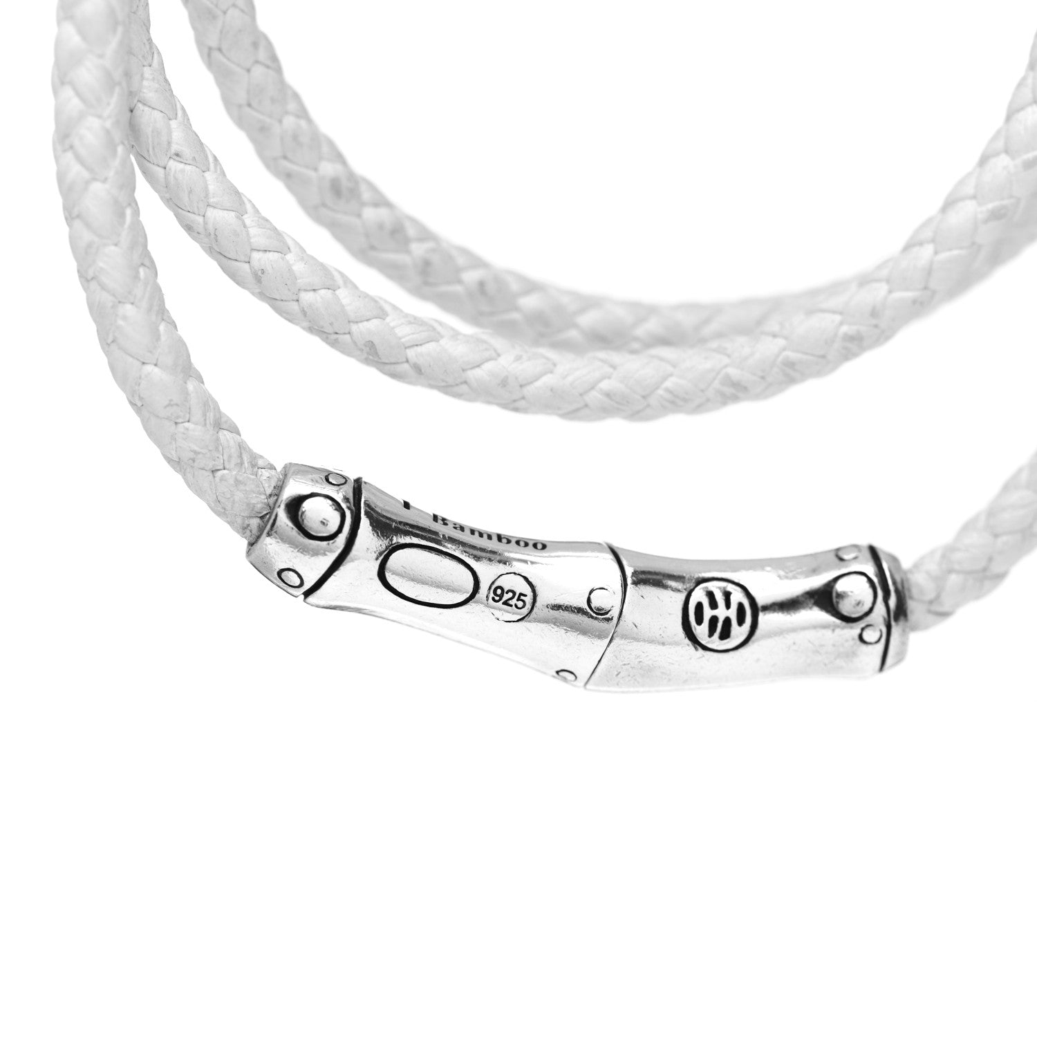 John Hardy Sterling Silver Leather Braided Bamboo Station Wrap Bracelet White 4 of 5