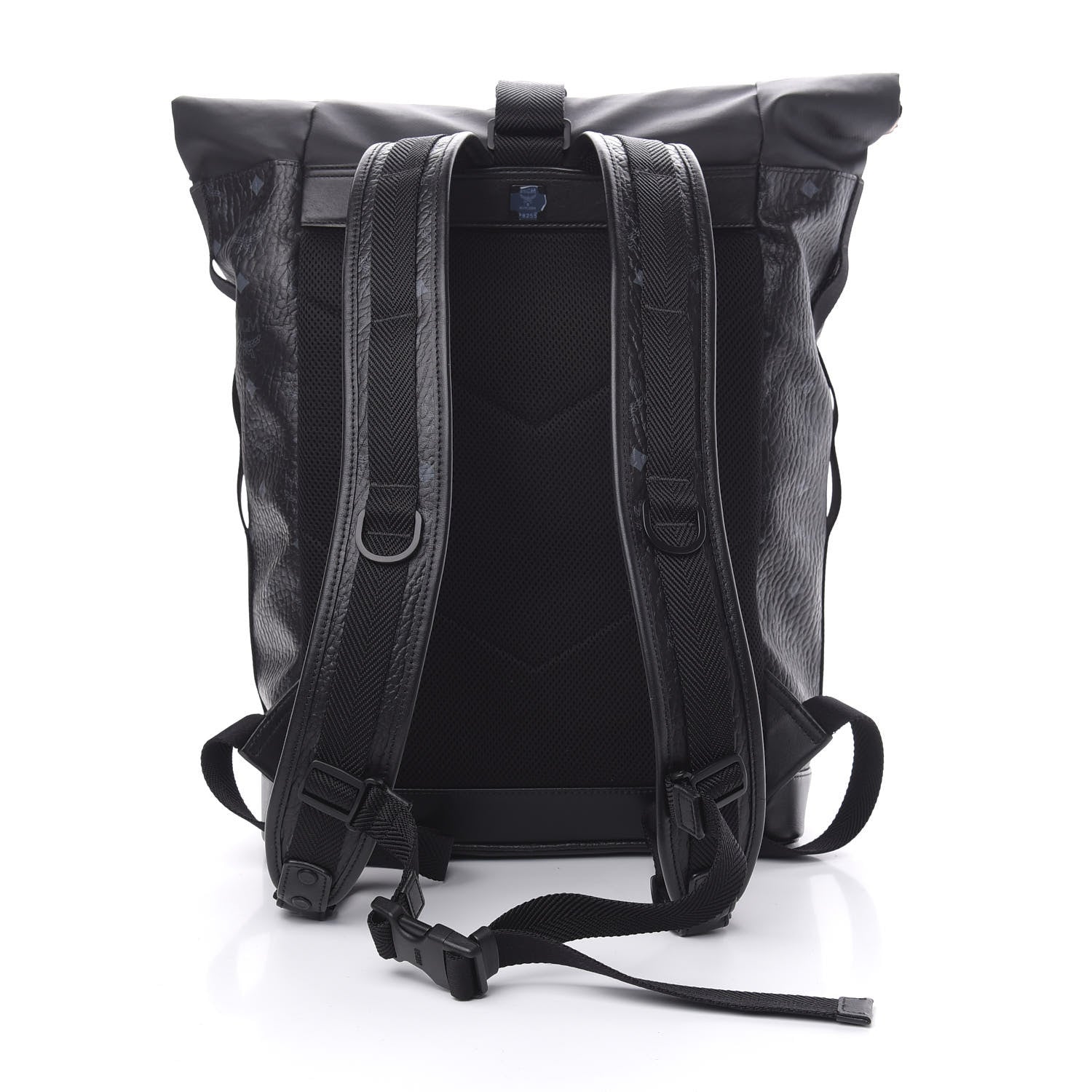 MCM Striped Visetos Roll Top Backpack Black Cognac 631277