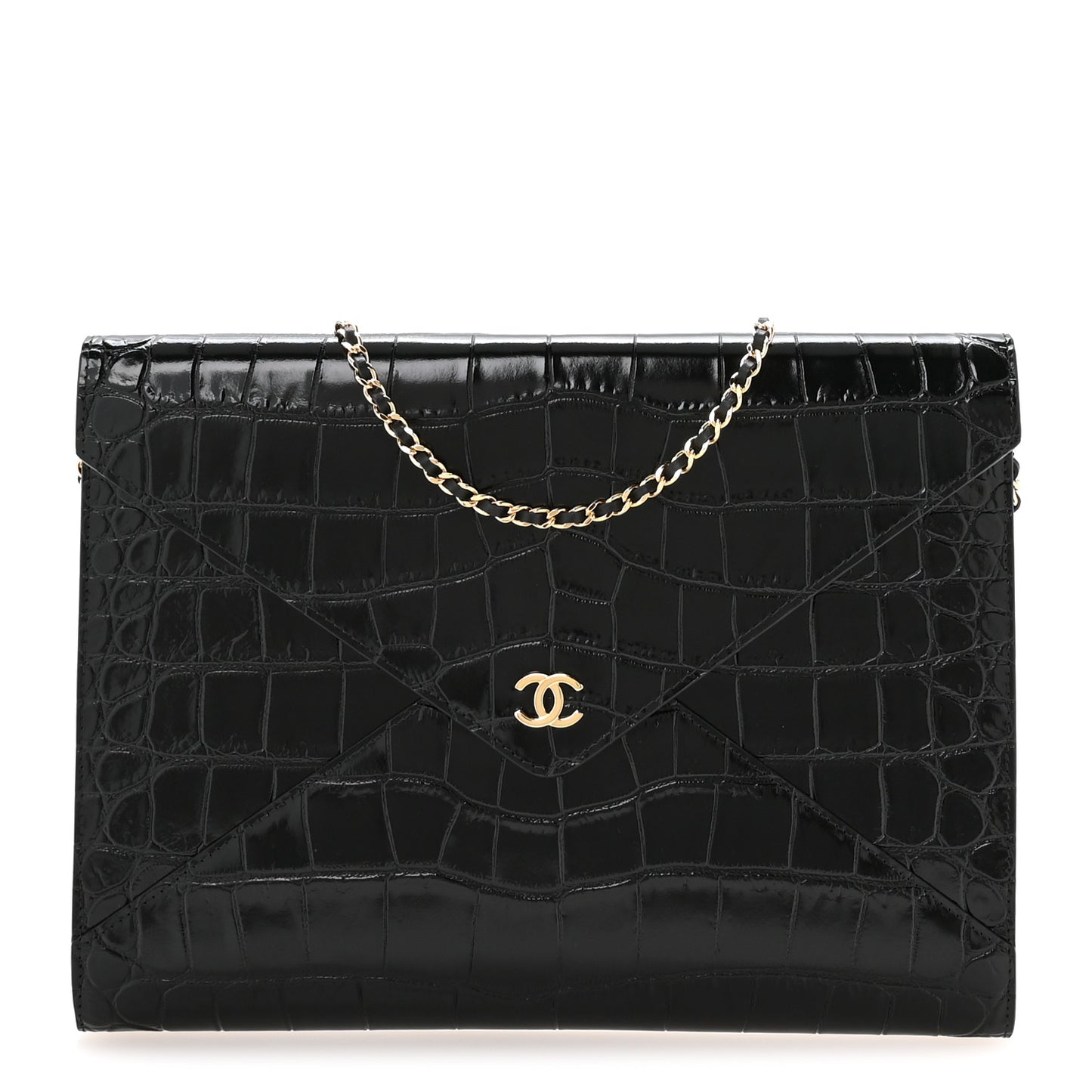 Calfskin Crocodile Embossed Croc Illusion Clutch With Chain Black