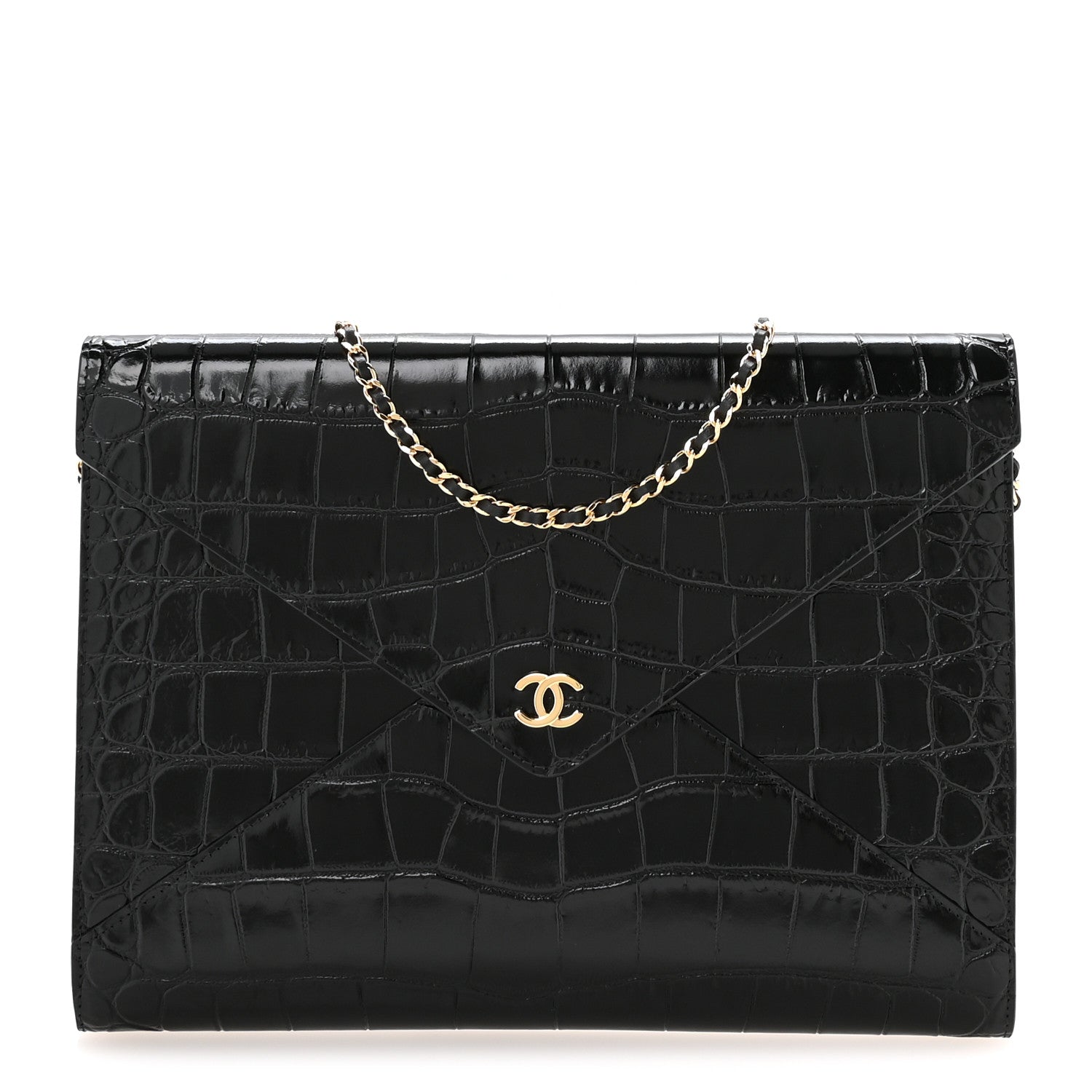 Chanel Calfskin Crocodile Embossed Croc Illusion Clutch With Chain Black 2 of 21