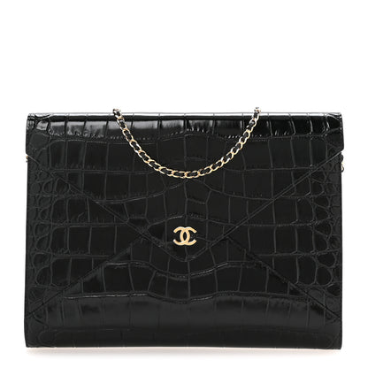Chanel Calfskin Crocodile Embossed Croc Illusion Clutch With Chain Black 2 of 21